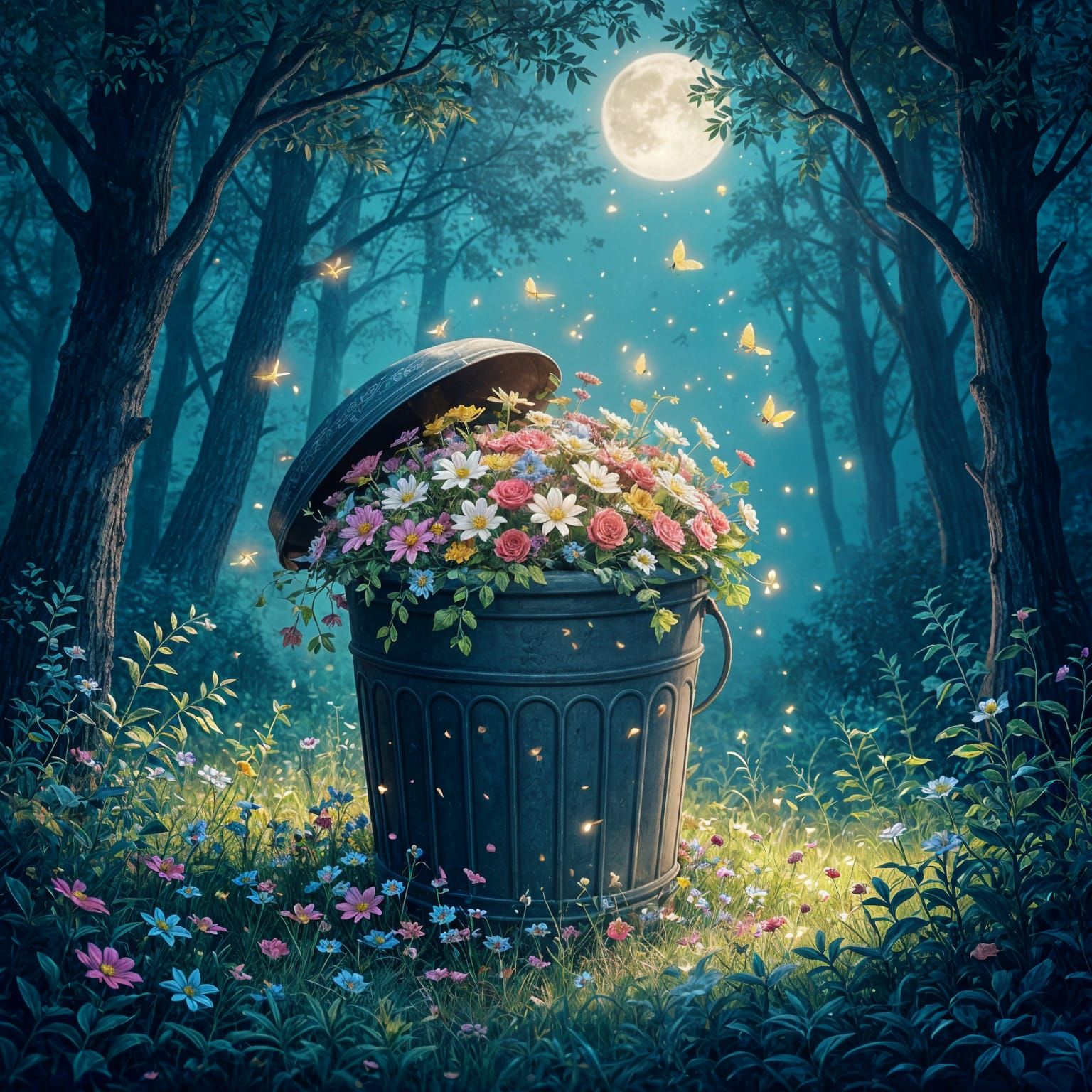 Whimsical Trash Can in Moonlit Forest Clearing with Fireflie...