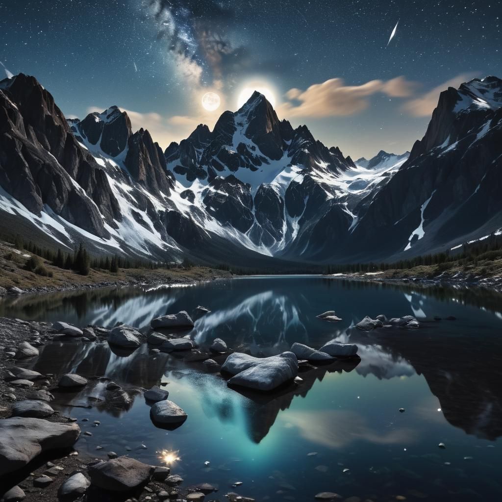 Nighttime Landscape: Snow-Capped Mountains and Milky Way