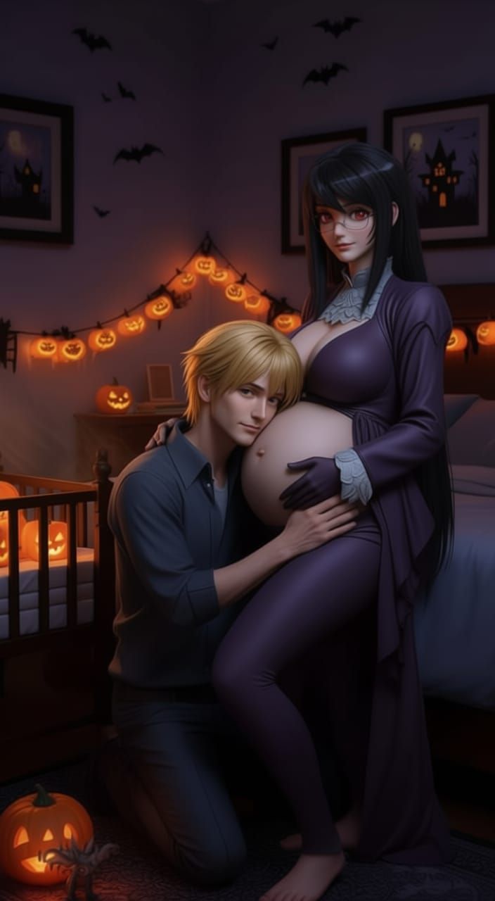 Halloween Night: Pregnant Nya with Husband in Hyperrealistic...