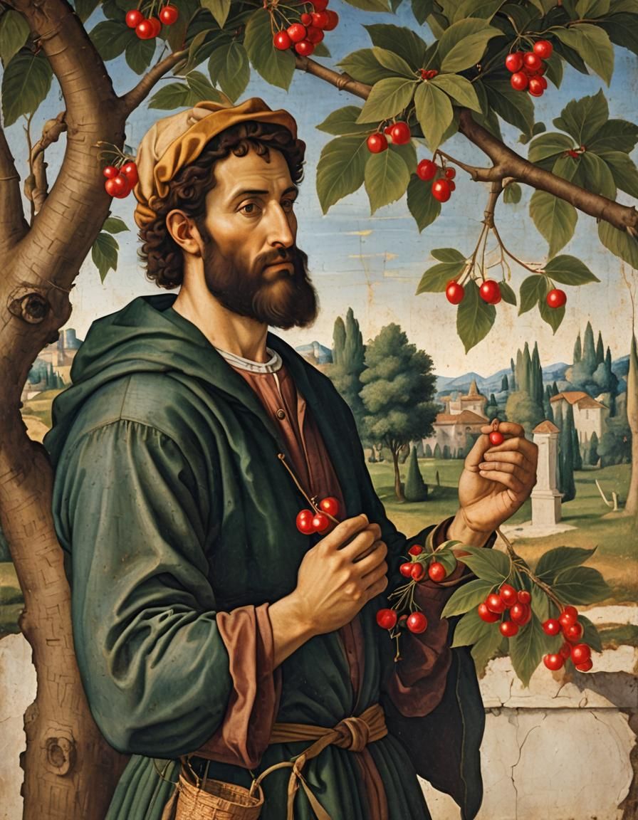Bearded Man Picking Cherries, Venetian School Fresco