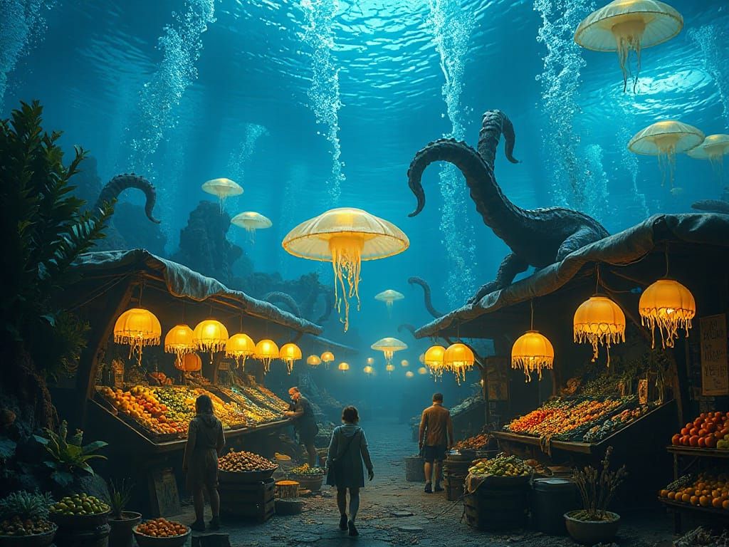 Futuristic Underwater Market with Glowing Bioluminescence