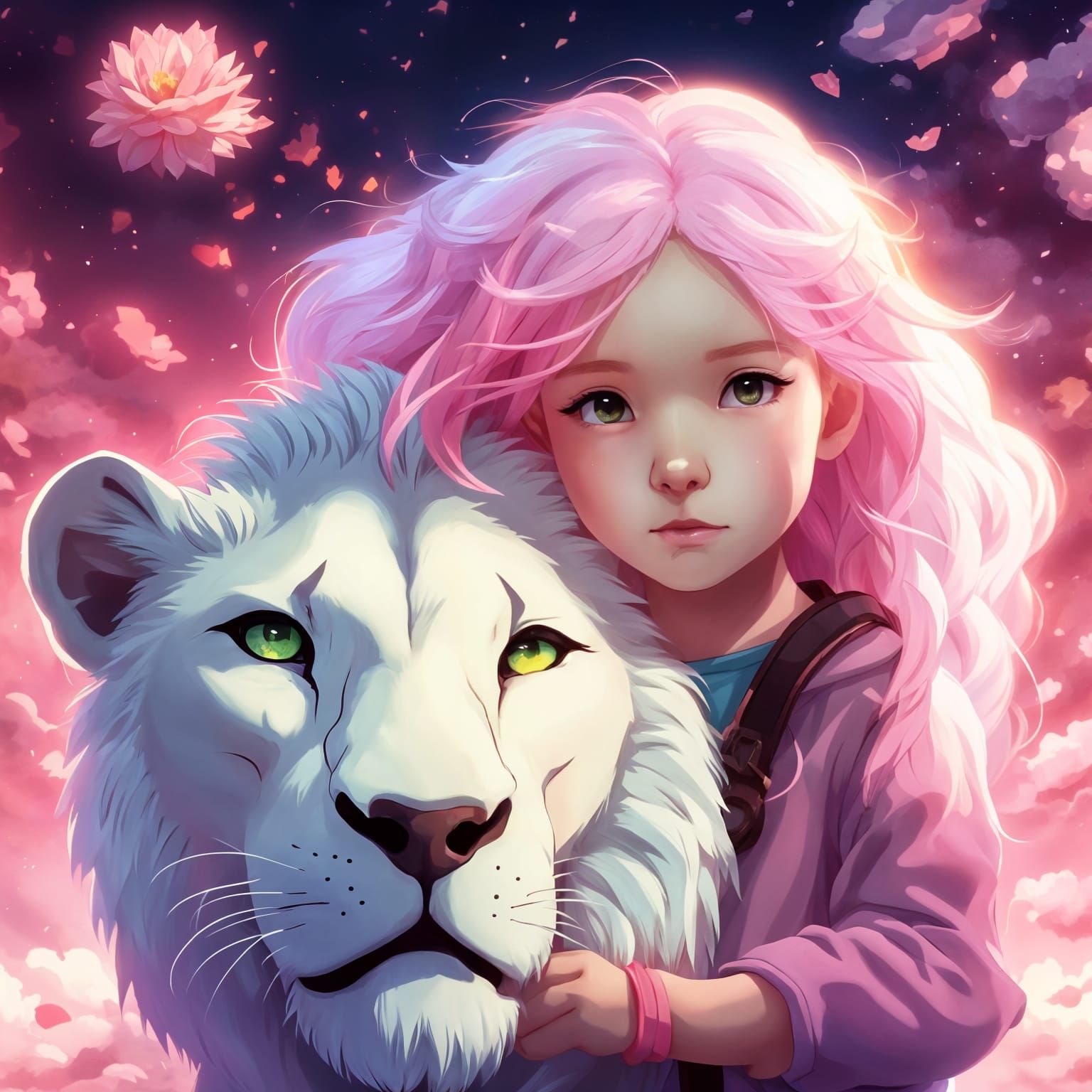 young girl with bright pink hair, holding a majestic white l...