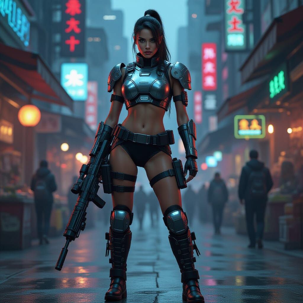 Cybernetic Bounty Hunter in Futuristic Marketplace