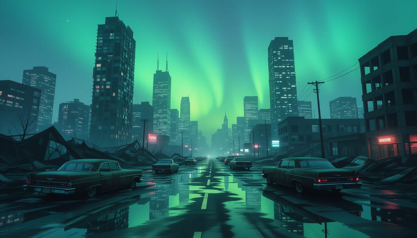 Abandoned Post-Apocalyptic City Under Green Aurora