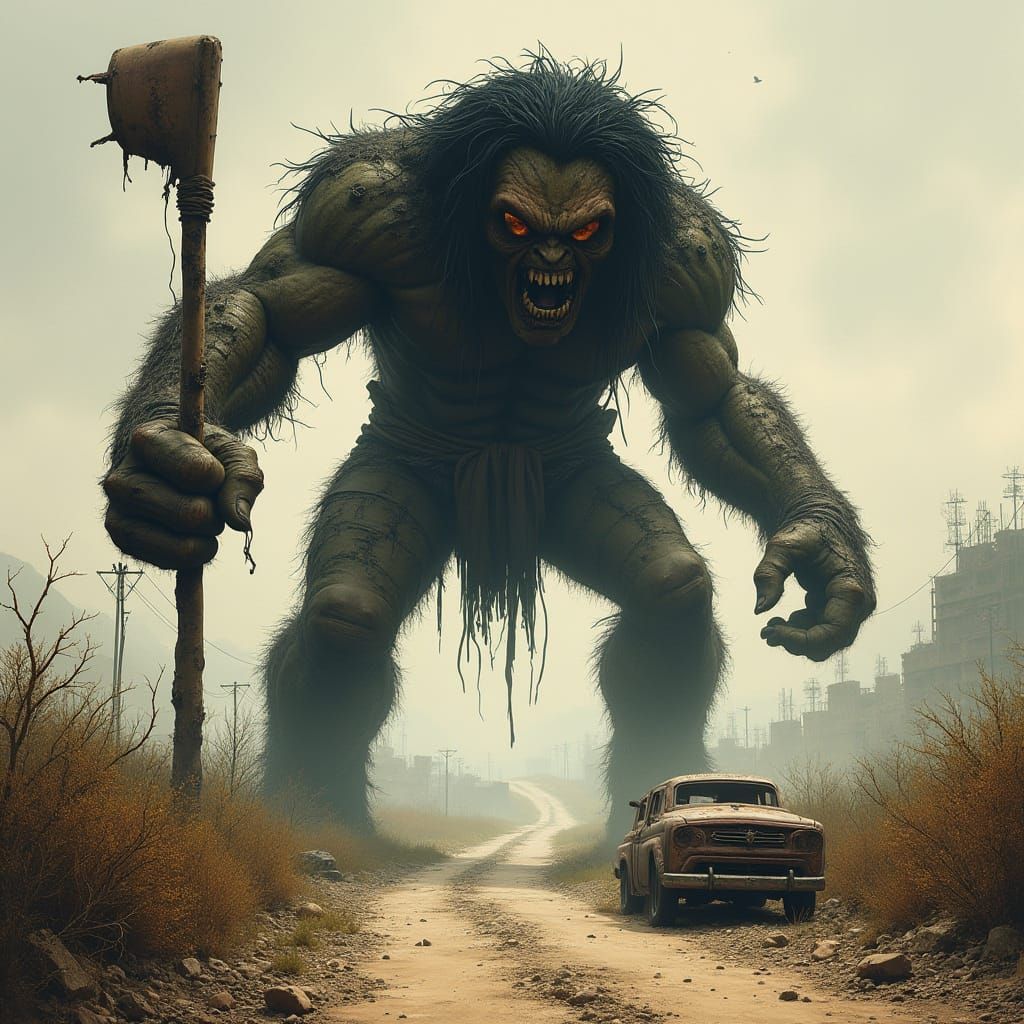 Giant Ettin Stands Vigilant Amidst a Desolate, War-Torn Land...