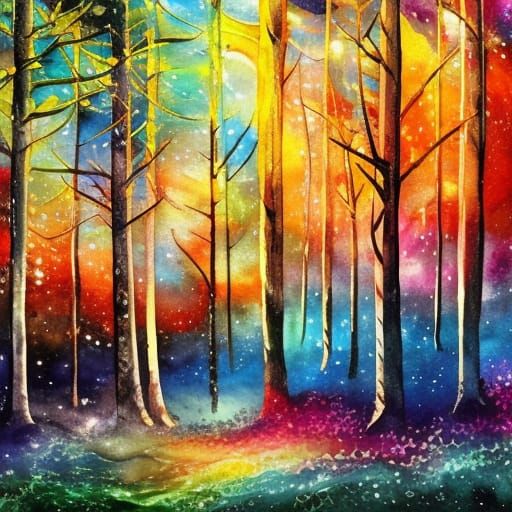 Dream Forest Under Starry Sky as Impressionist Gouache