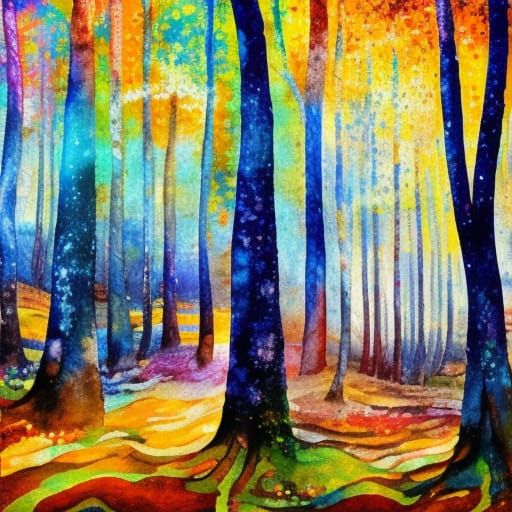 Dream Forest Gouache Painting Under Milky Way