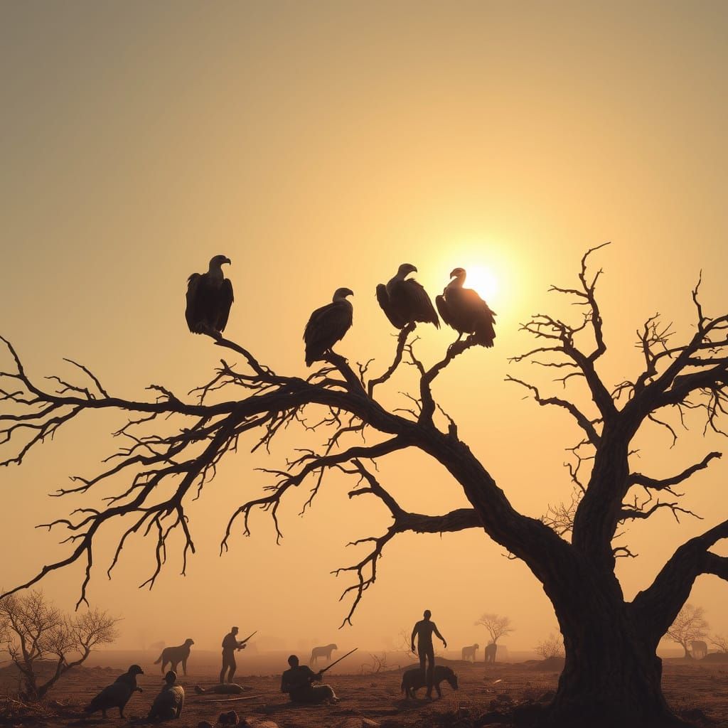 Vultures Await in Desolate Landscape Under Scorching Sun