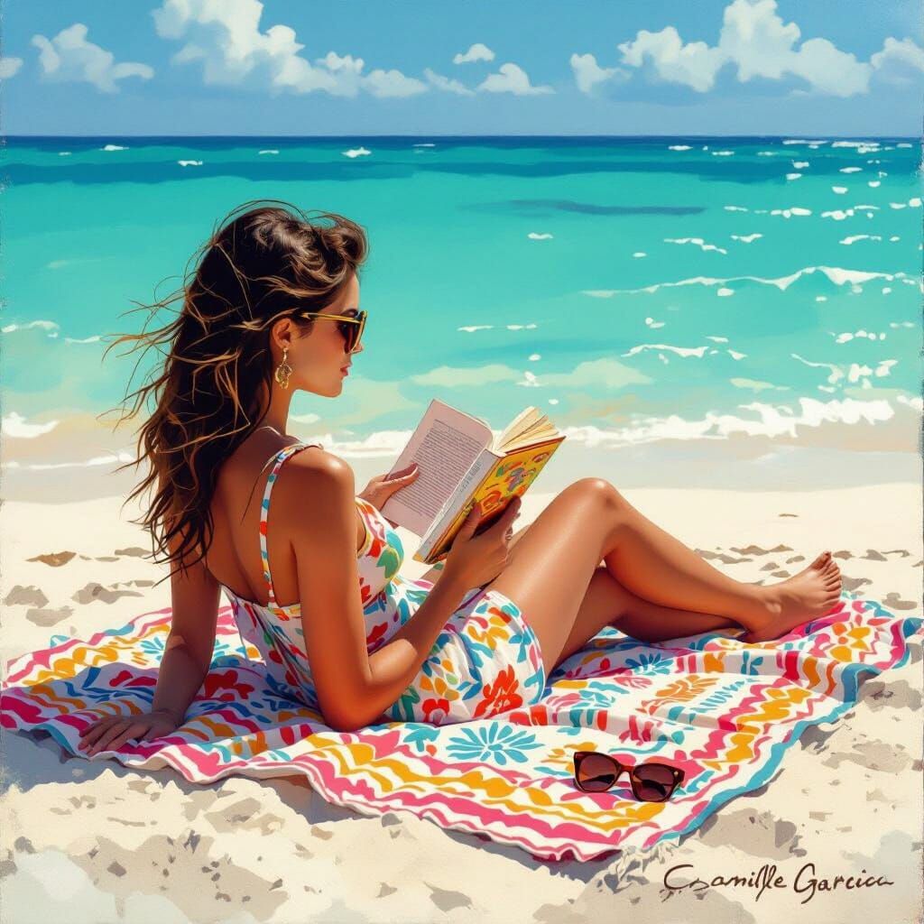 Woman Reading on Beach in Dreamy Impressionist Style