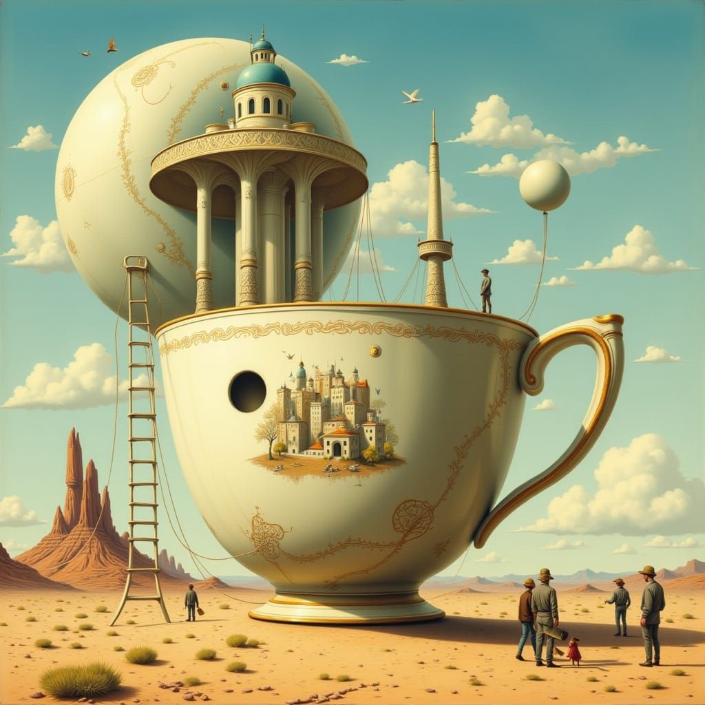 Giant Teacup City in Desert, Pop Surrealism Style