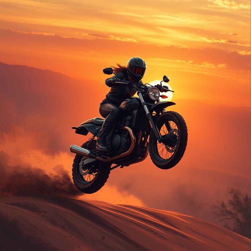 Rugged Biker Launches into Sunset Dirt Jump