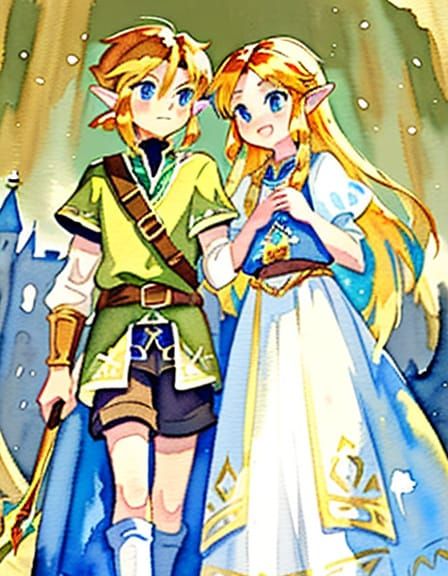 Link and Zelda in Watercolor Fantasy Art