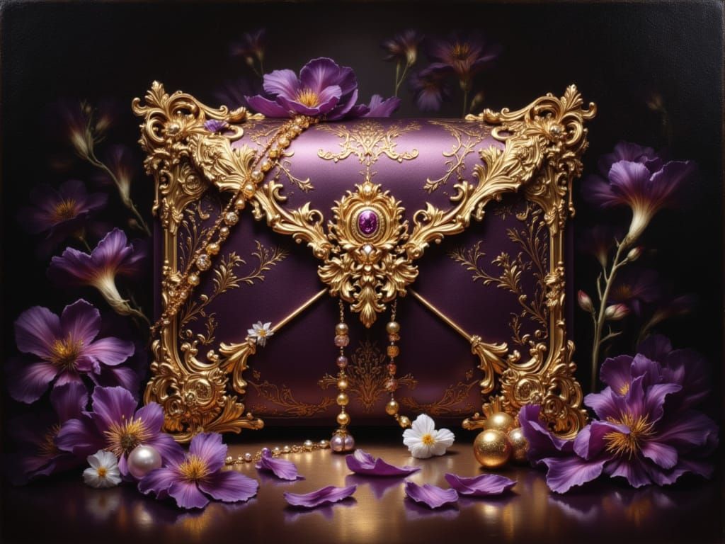 Baroque Envelope with Gold Filigree and Purple Petals