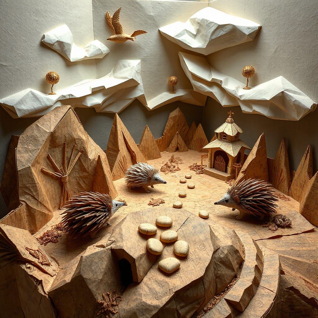Whimsical Paper World with Hedgehogs in Surreal Style