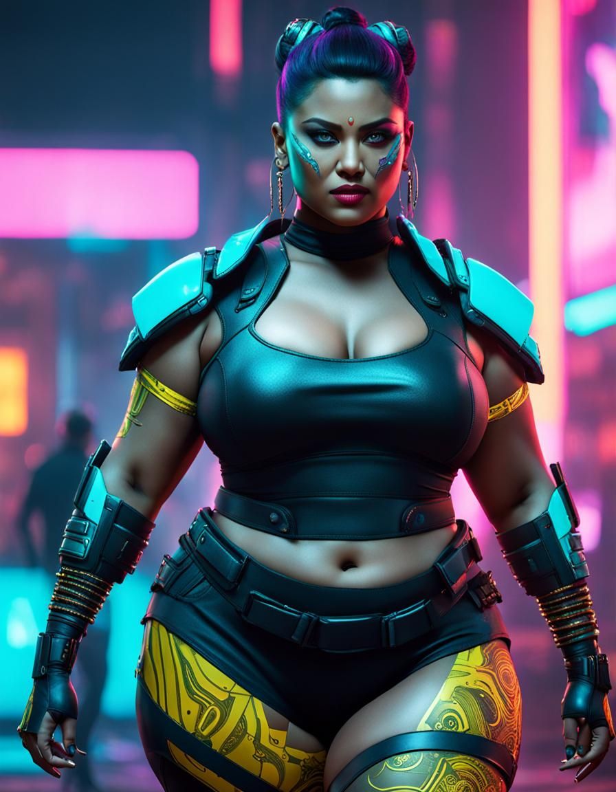 Cyberpunk Indian Goddess with Curvy Plus-Size Figure