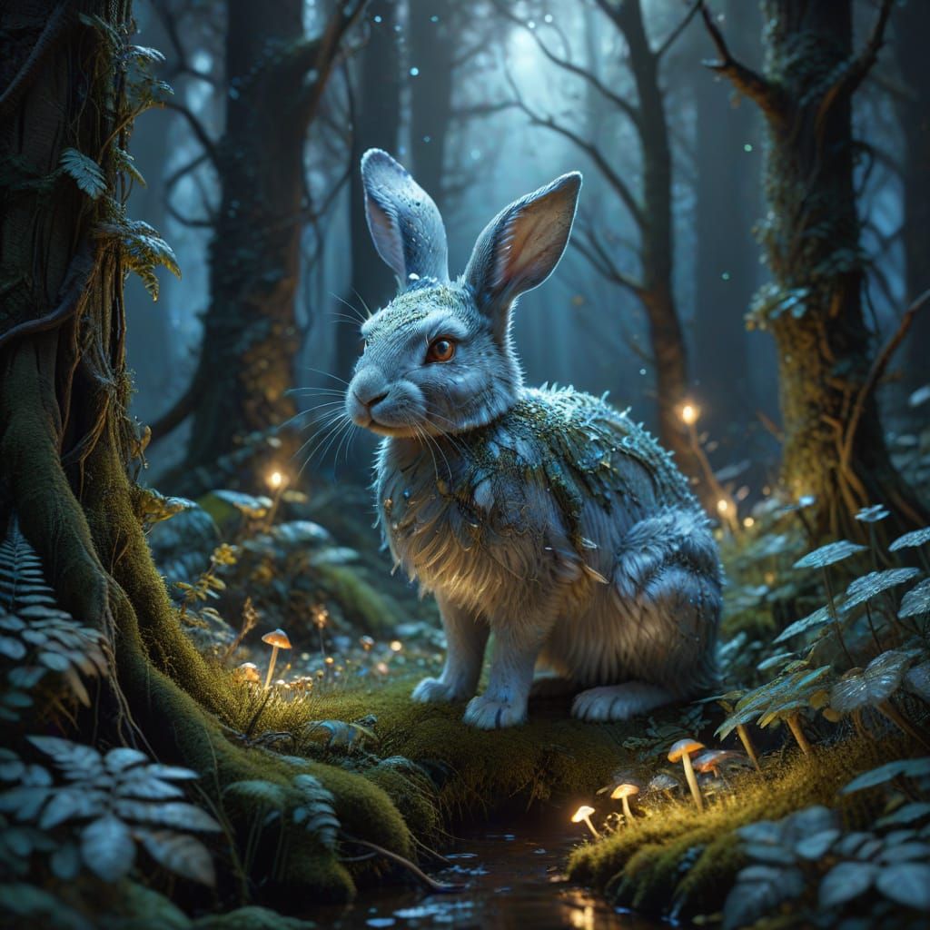 Mystical Antlered Rabbit in Enchanted Forest Twilight