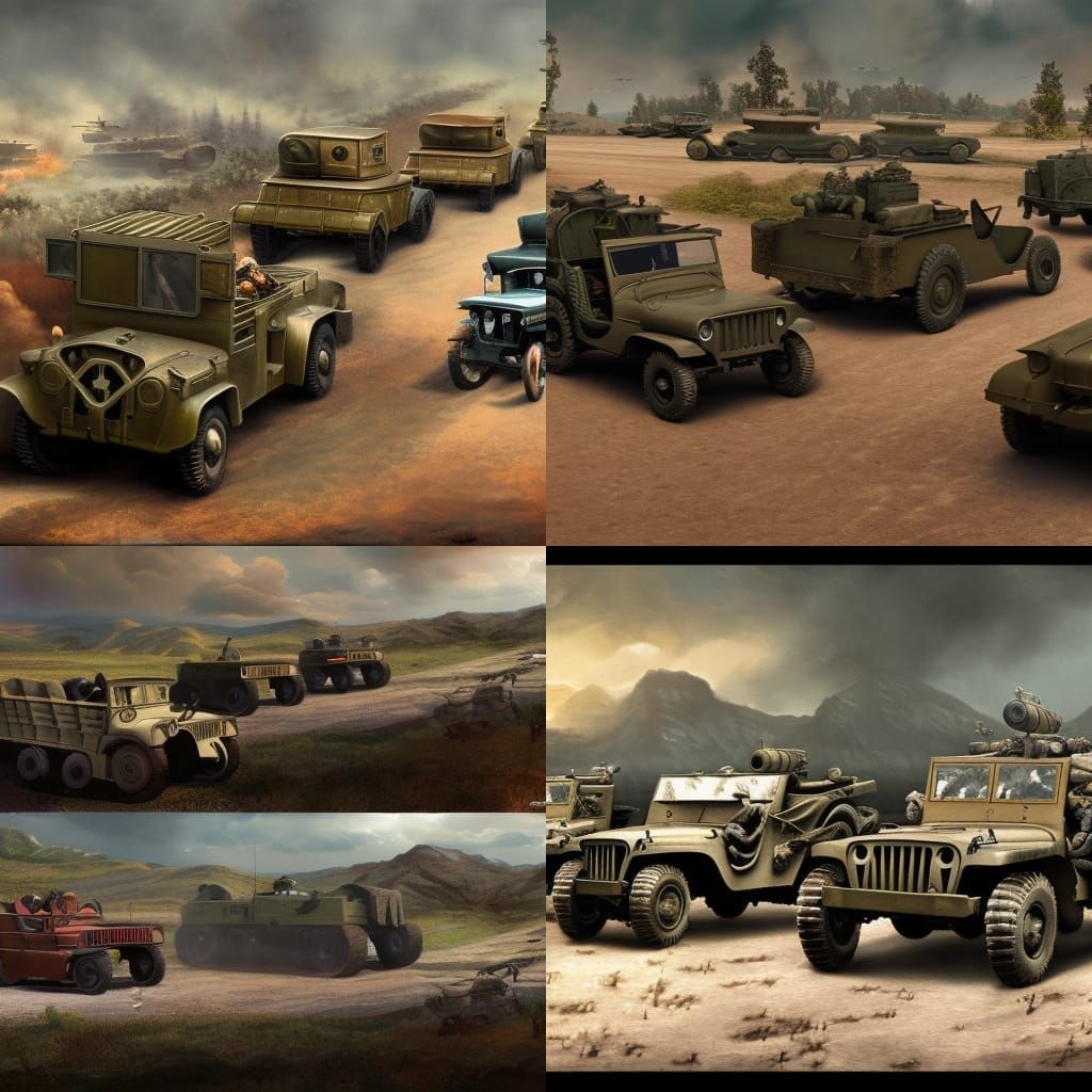 WW2 American Convoy Protected by Tanks, Matte Painting