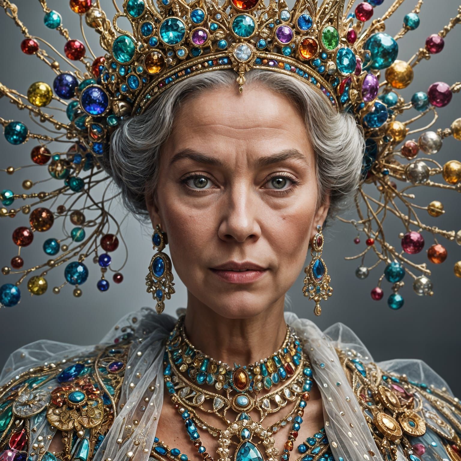 Beautiful Queen with Futuristic Crown: Hyperrealistic Portra...