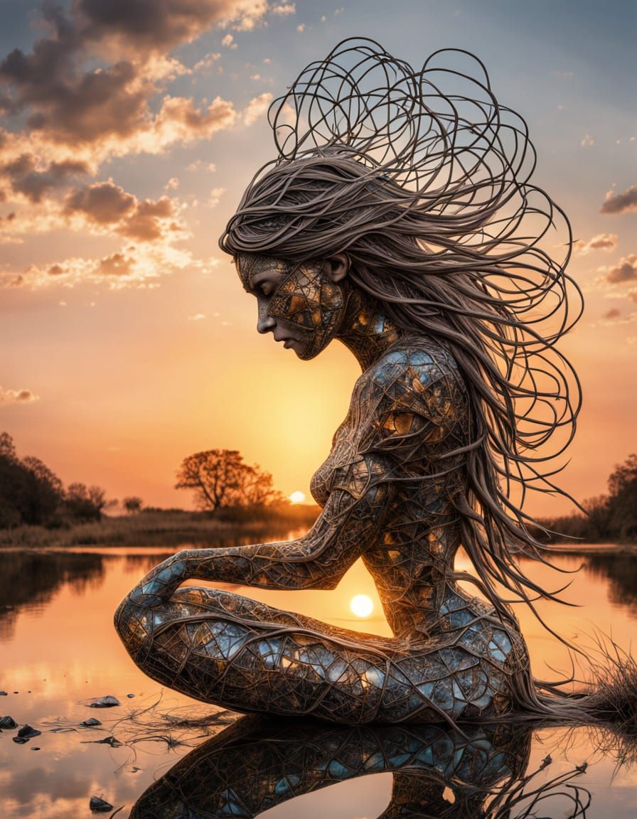 Surreal Fragmented Sculpture of Woman at Sunset