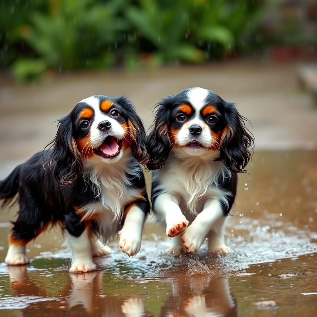 Chibi Cavalier Spaniels Play in the Rain