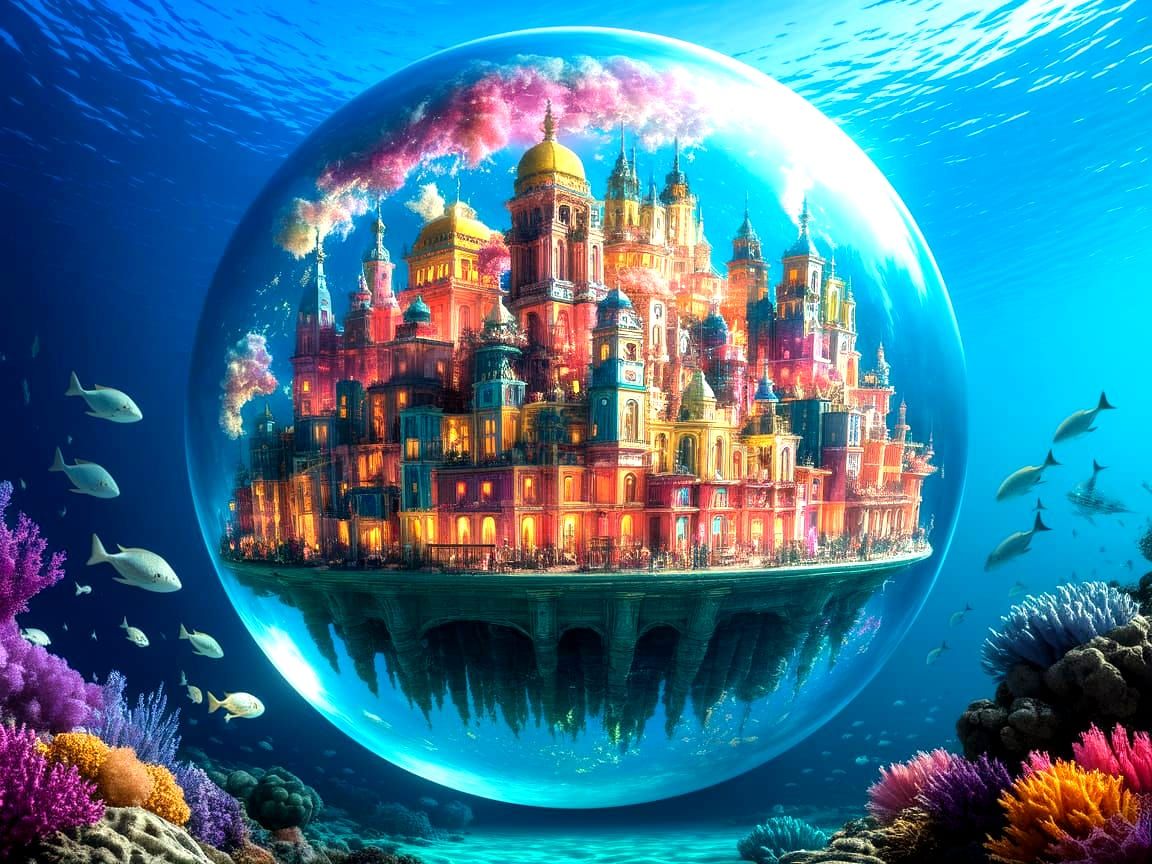 Colorful Underwater City in Air Bubble, 3D Render
