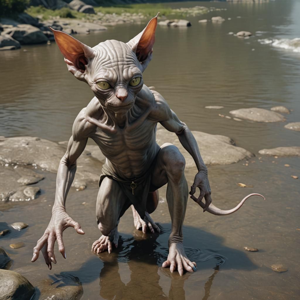 Gollum Cat at Riverbank: Octane Render