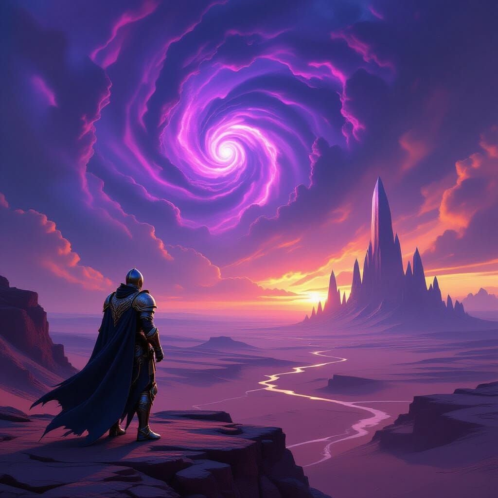 Knight on Alien Cliff Overlooking Desert Nebula Sky