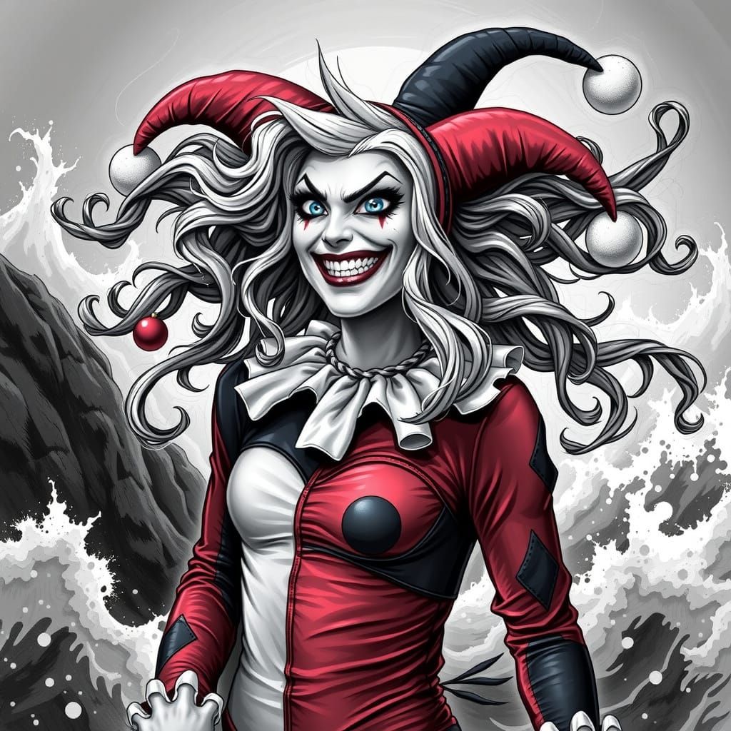 Vibrant Jester Queen in Stormy Twilight