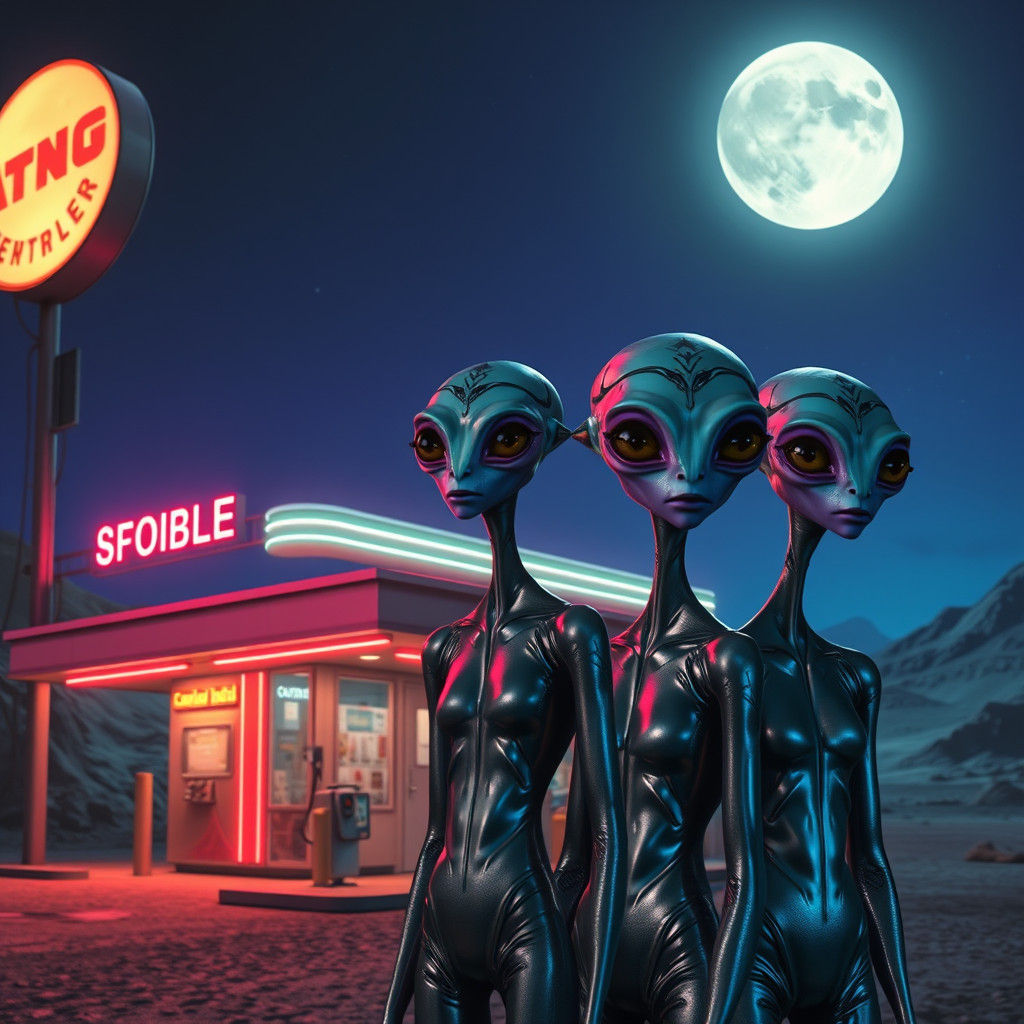 Alien Gas Station with Retro-Futuristic Elements