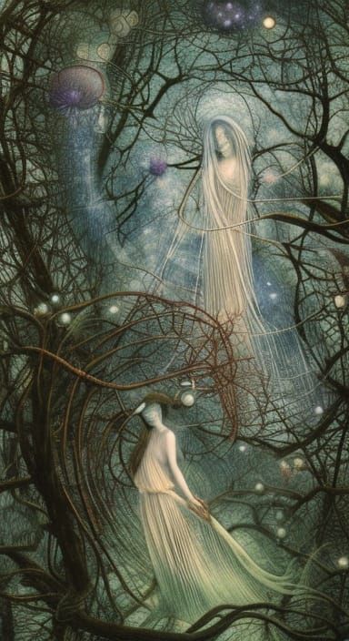 Ethereal Cellist in Fungal Stargazing Scene