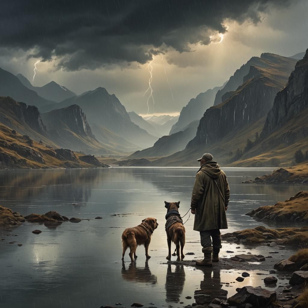 Fisherman and Dog in Rainy Fantasy Landscape