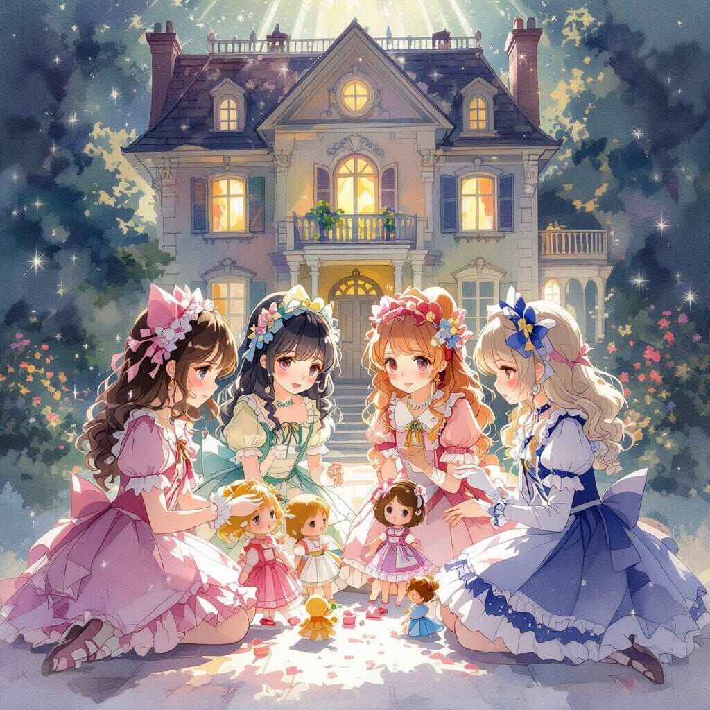 Anime Girls in Rococo Lolita Fashion Play with Dolls