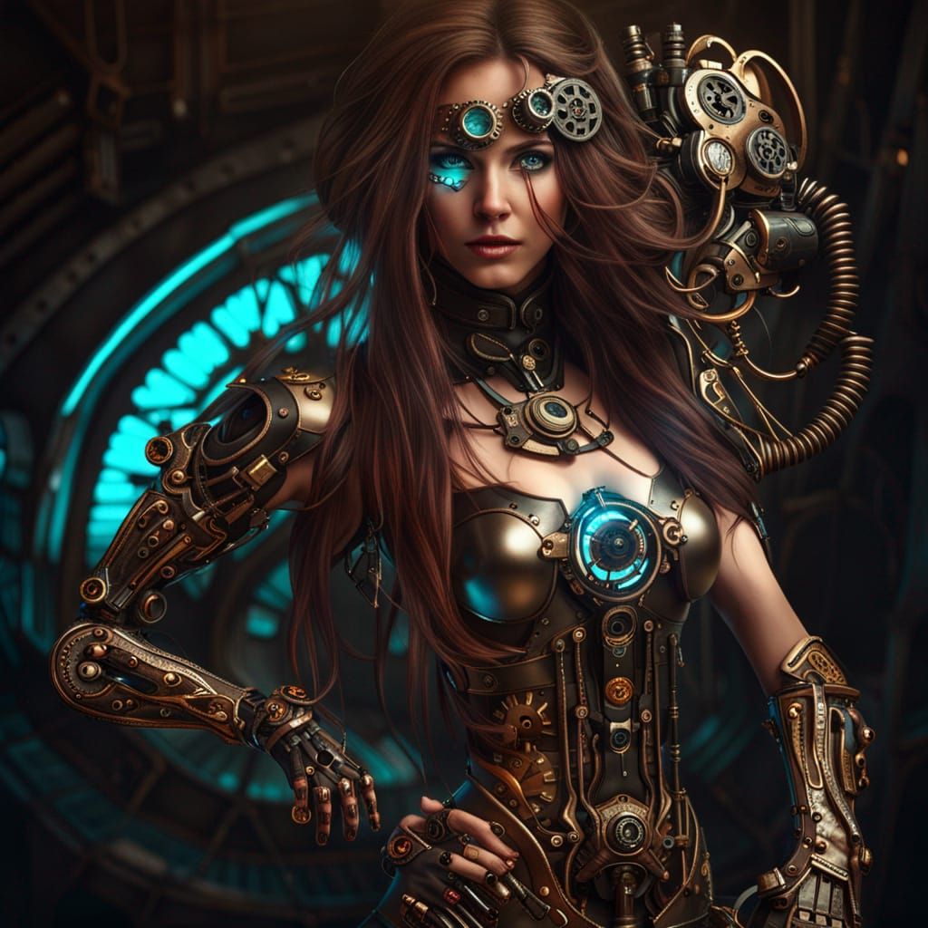 Steampunk Cyborg Woman with Cybernetic Enhancements