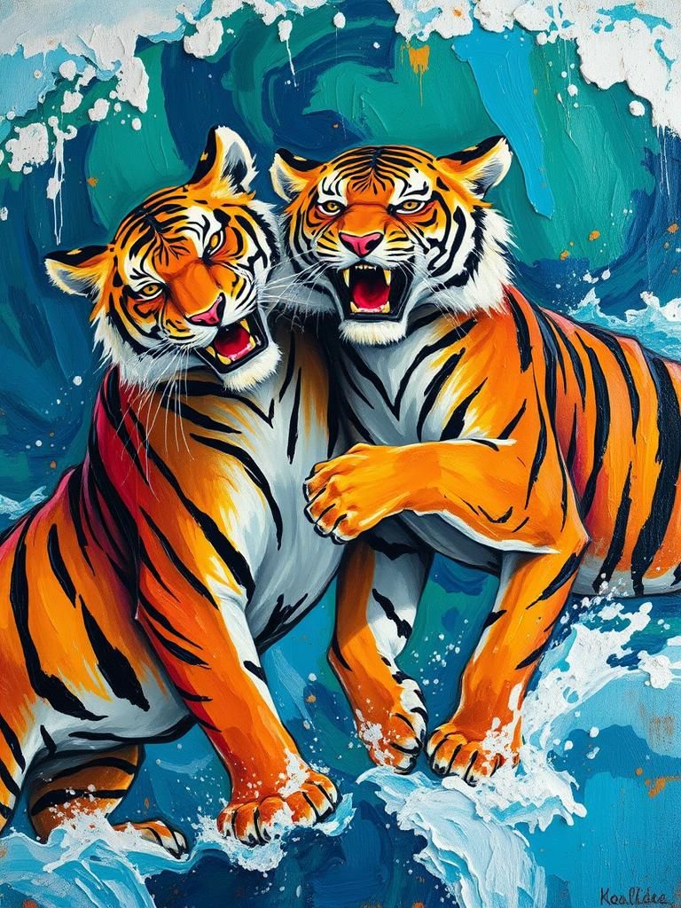 Tigers having fun playing with the big waves