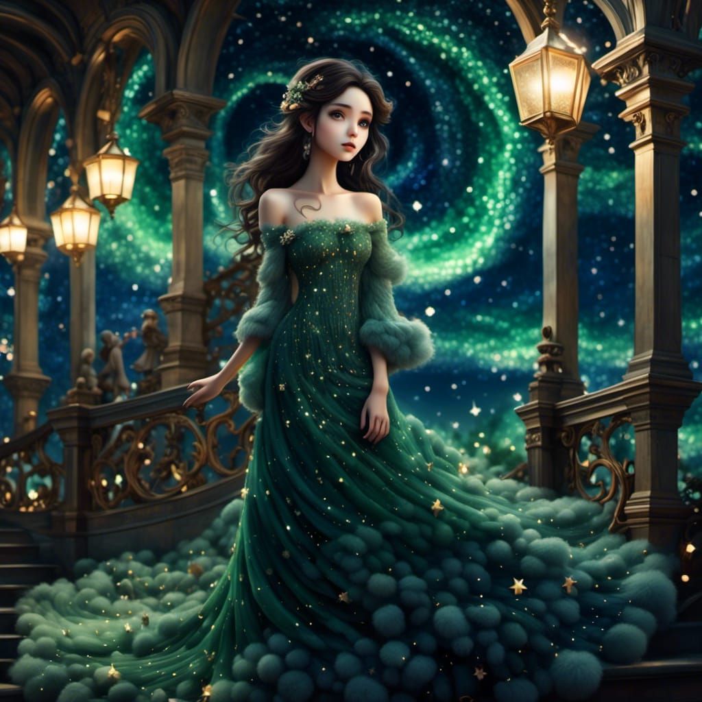 Chibi Woman in Starry Indigo Night Sky