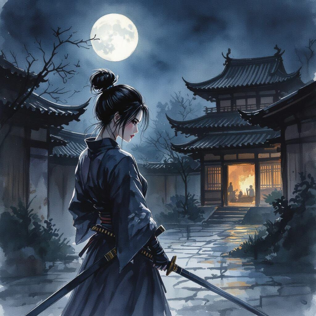 Ominous Ninja in Moonlit Courtyard: Watercolor Impression