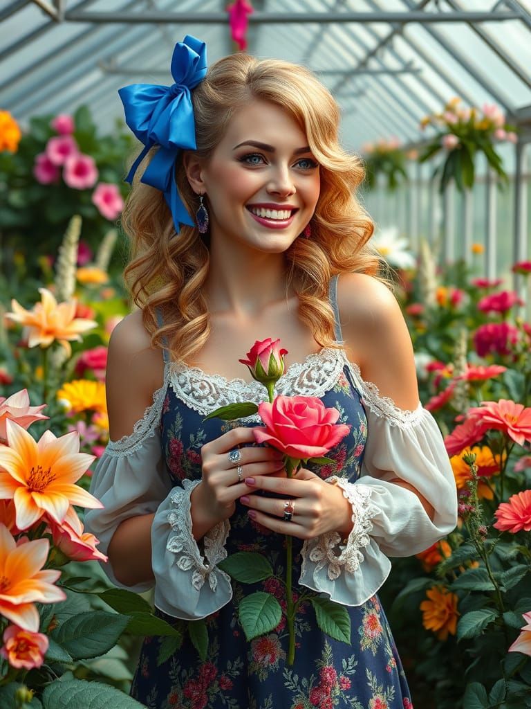 Fae Woman in Greenhouse with Floral Vintage Style
