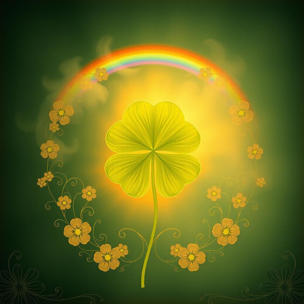 Glowing Four-Leaf Clover in Art Nouveau Style