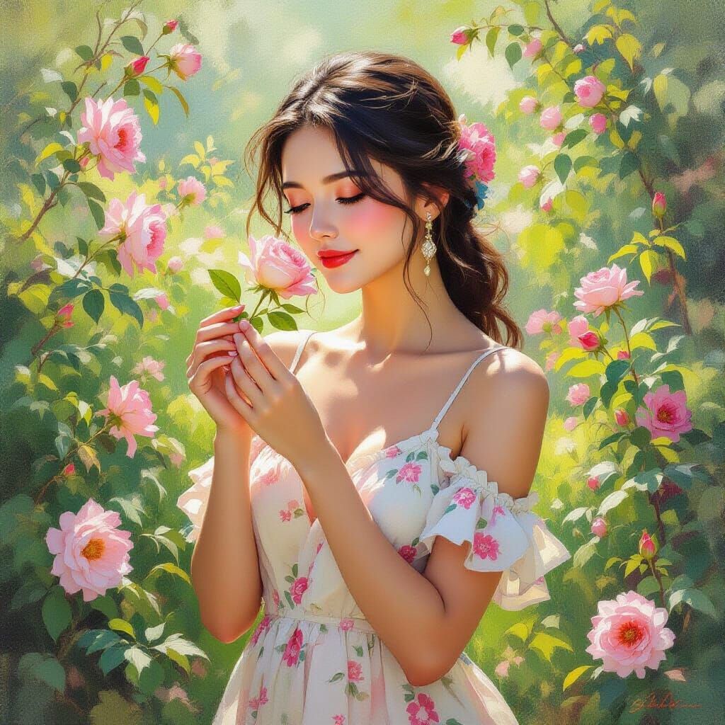 Joyful Woman Smelling Rose in Impasto Oil Painting