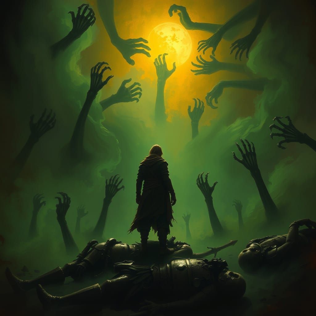 Lone Figure in Plague Mist with Skeletal Hands - Dark Fantas...