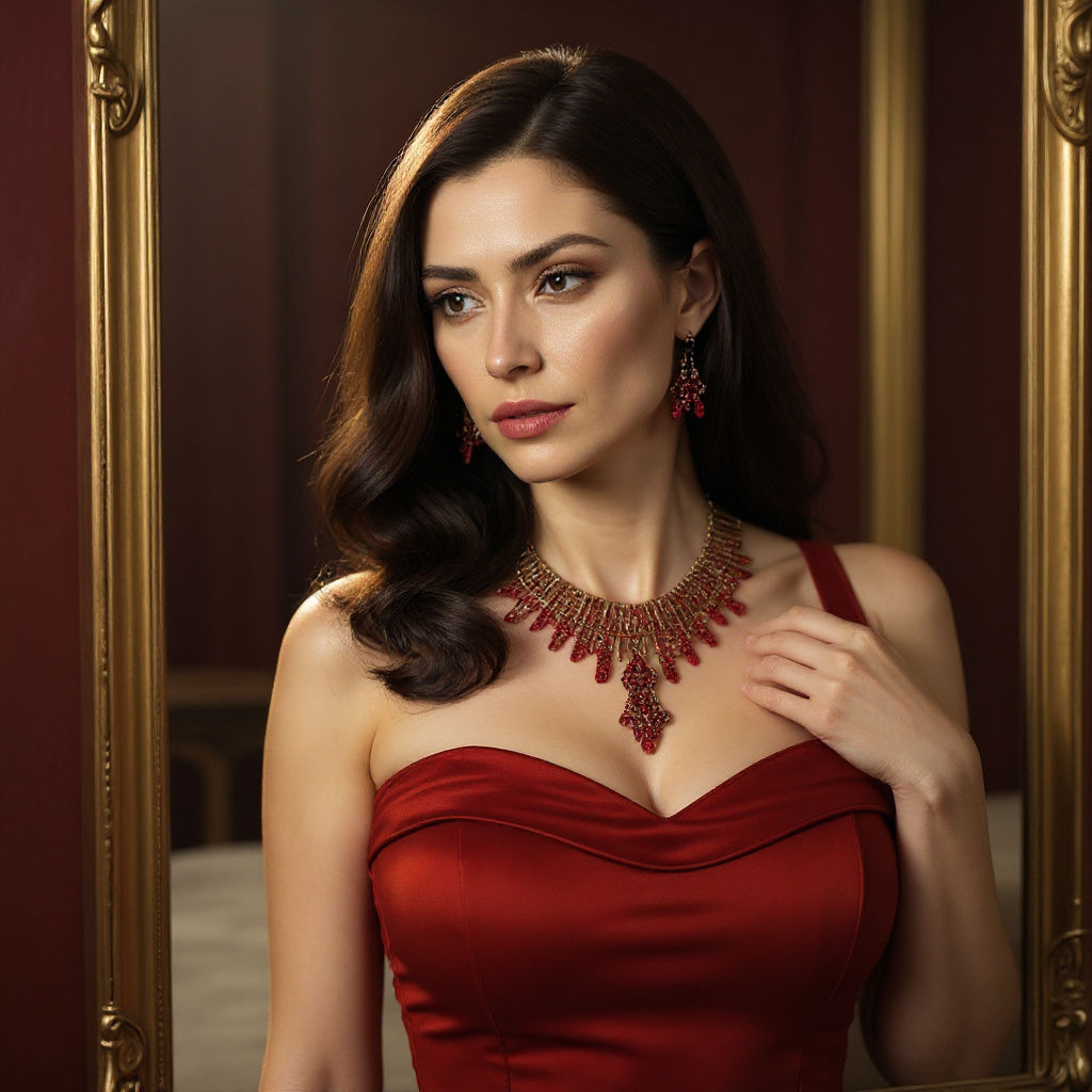 Hyper Realistic Woman in Sparkling Red Dress Checks Mirror