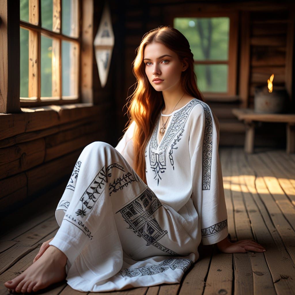 Slavic Woman in Cabin with Firelight
