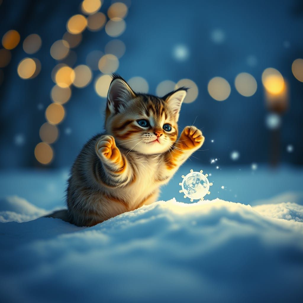 Spotted Kitten Plays in Snow, Cinematic Lighting