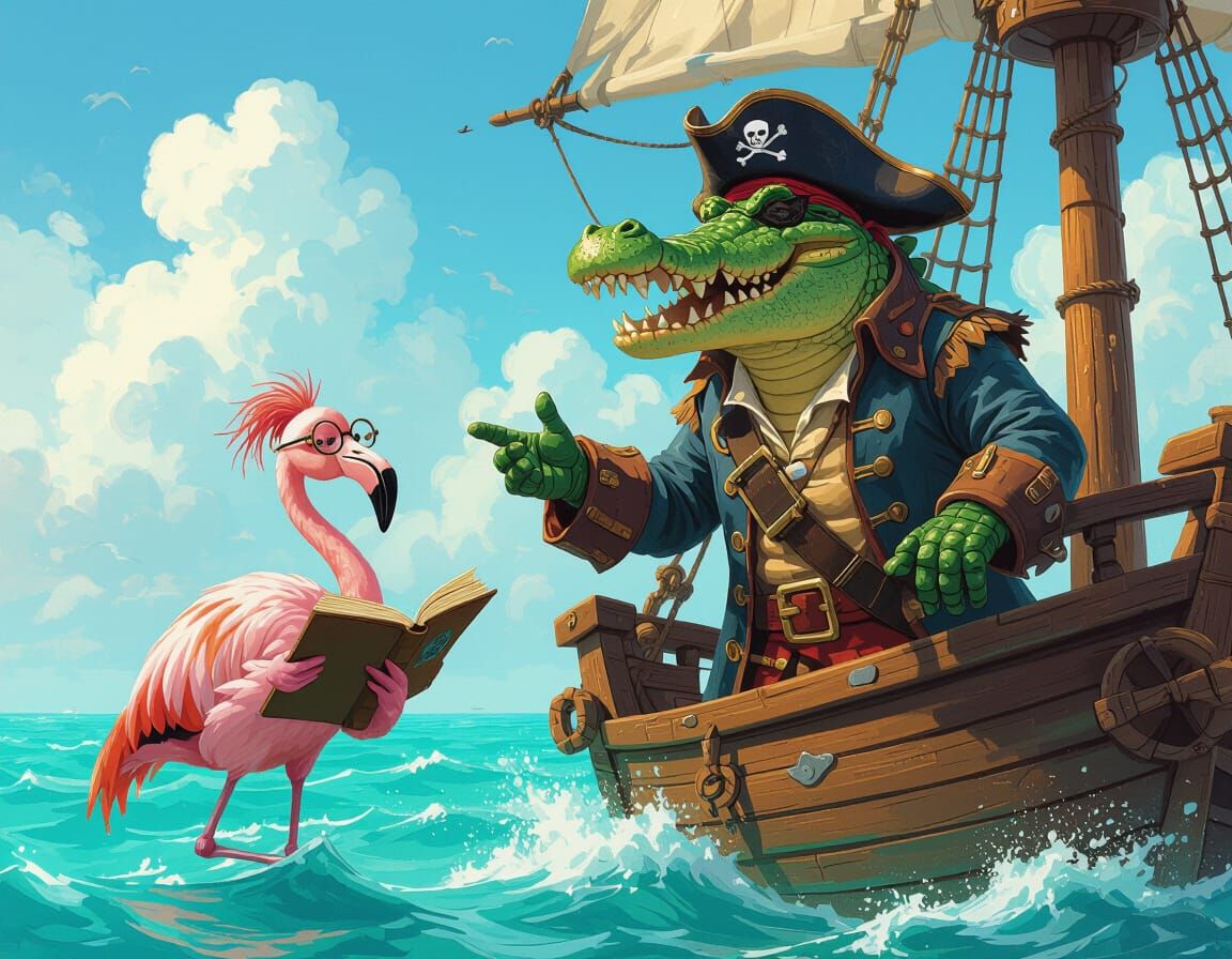 Pirate Crocodile Captain & Bookworm Flamingo on Ship