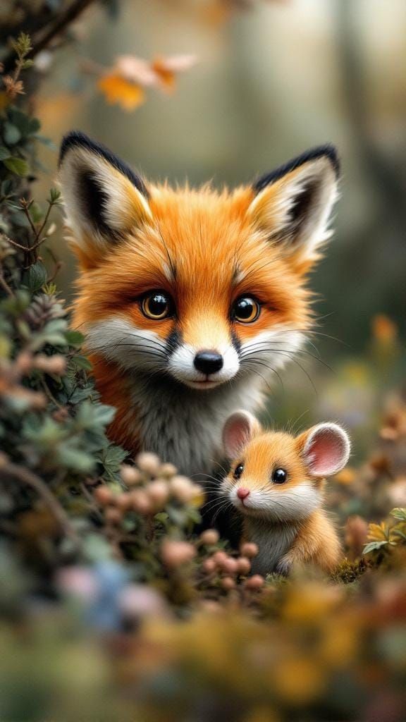 Felted Baby Fox and Mouse in Woodland Forest