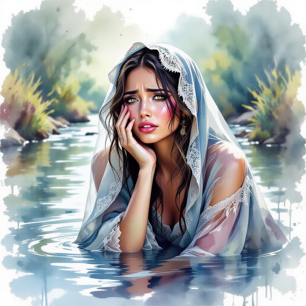 Translucent Woman Crying by River in Watercolor Style