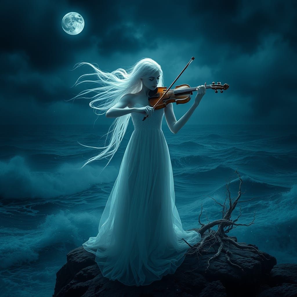 Ghostly Violinist on Stormy Cliff at Night
