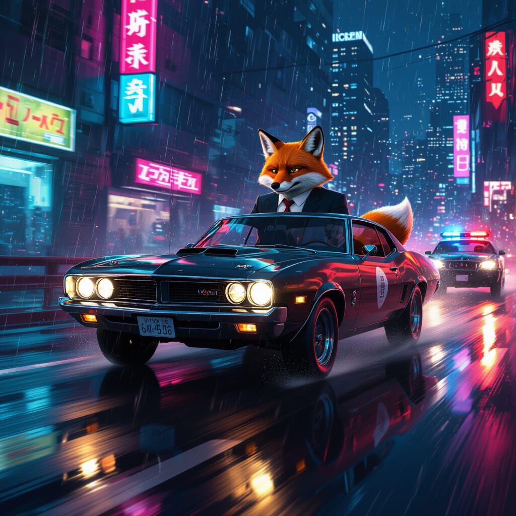 Cyberpunk Fox In Tailored Suit Evades Police In Muscle Car