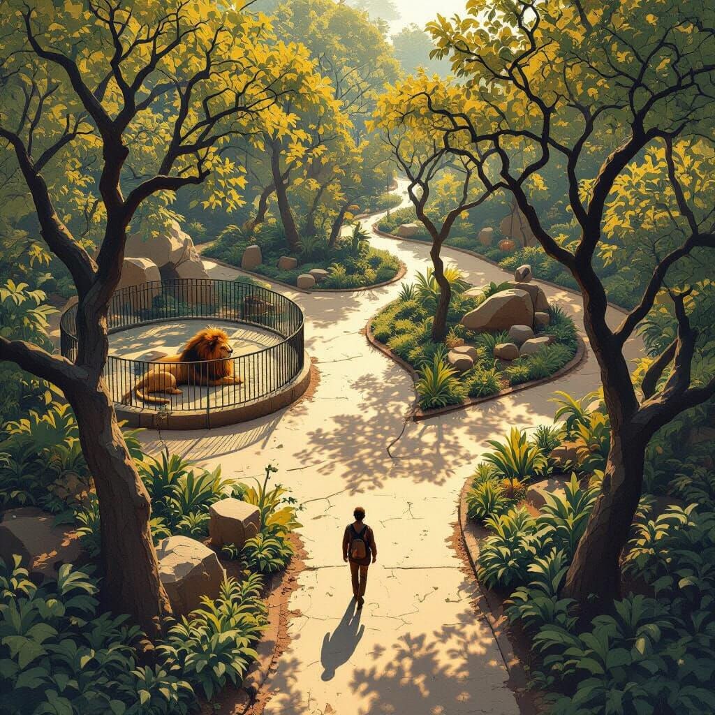 Bird's-Eye Park View with Lion Enclosure and Path