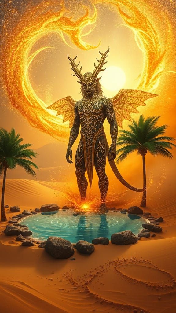 Mystical Golden Sandstorm Oasis with Guardian Djinn